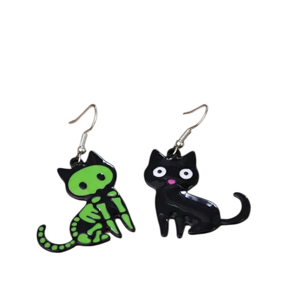 Black Skelton Cat Dangle Earrings